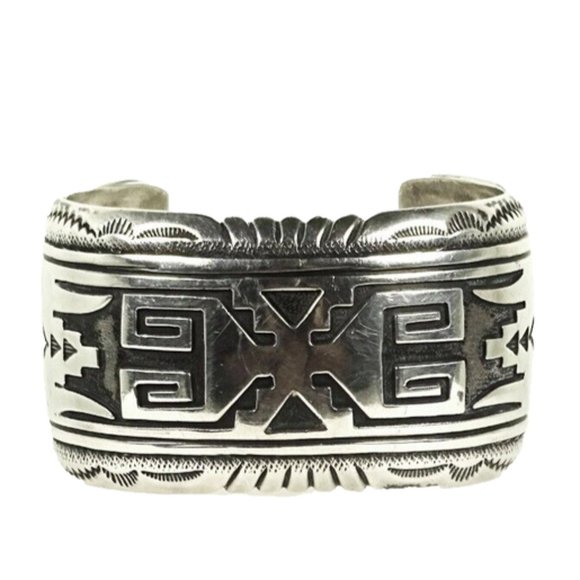 THOMAS SINGER NAVAJO Sterling Silver Rug Pattern Wide Cuff Bracelet 65gr - Picture 3 of 10